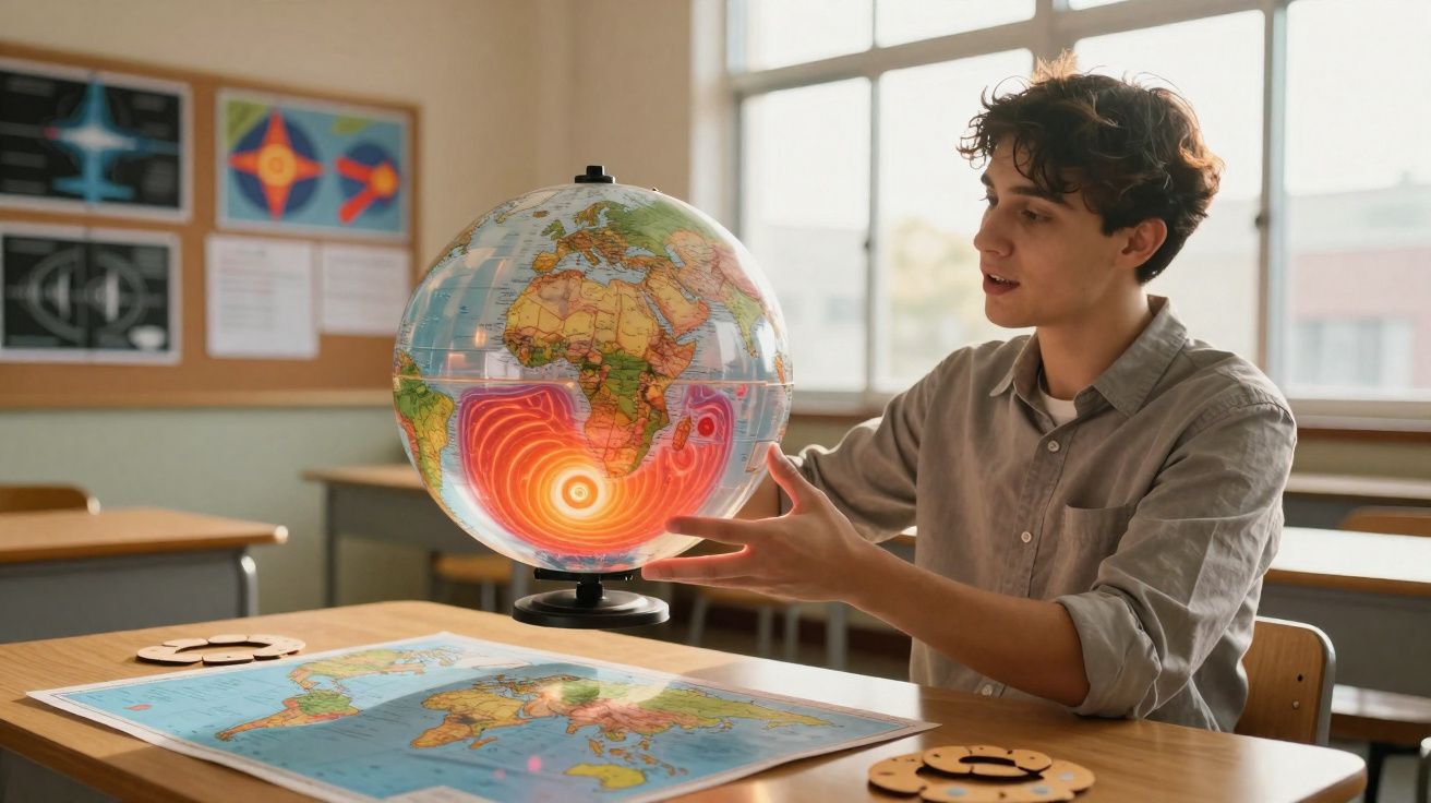 Jovem em sala de aula a estudar terremotos usando um globo terrestre com mapa e dados sísmicos.