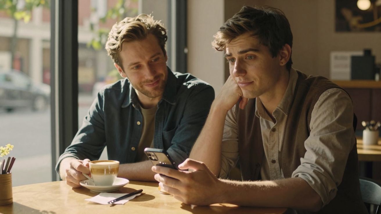 Dois homens sentados num café, um vê o telemóvel do outro com expressão pensativa, o outro sorri.