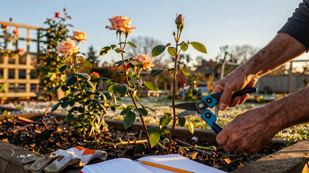Pessoa poda roseira com tesoura de poda num jardim ao ar livre ao pôr do sol.