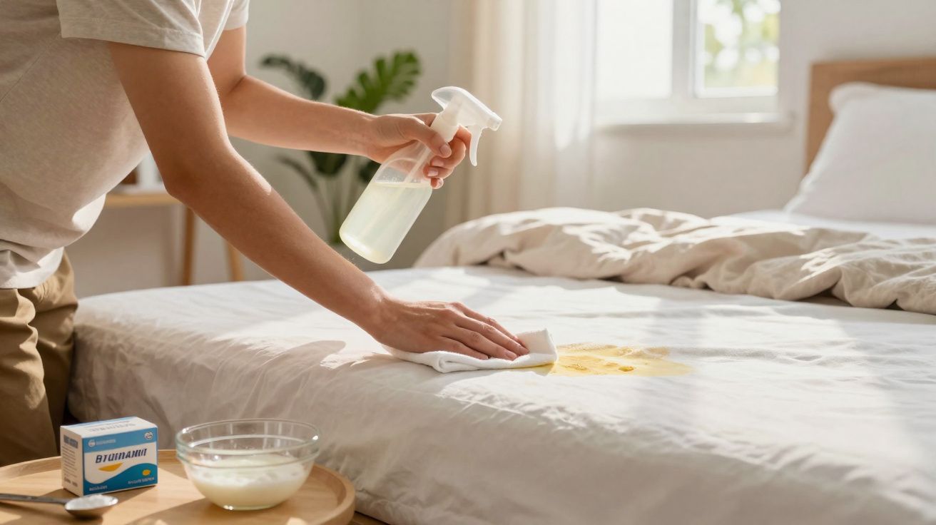 Pessoa a limpar nódoa amarela numa cama com produto de limpeza em spray numa divisão luminosa.