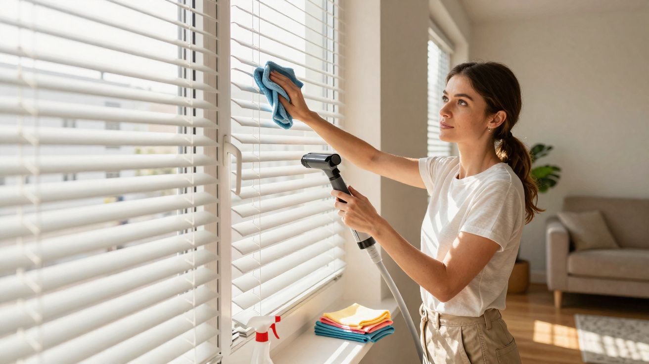 Mulher a limpar persianas brancas com pano azul e aspirador de vapor numa sala iluminada.