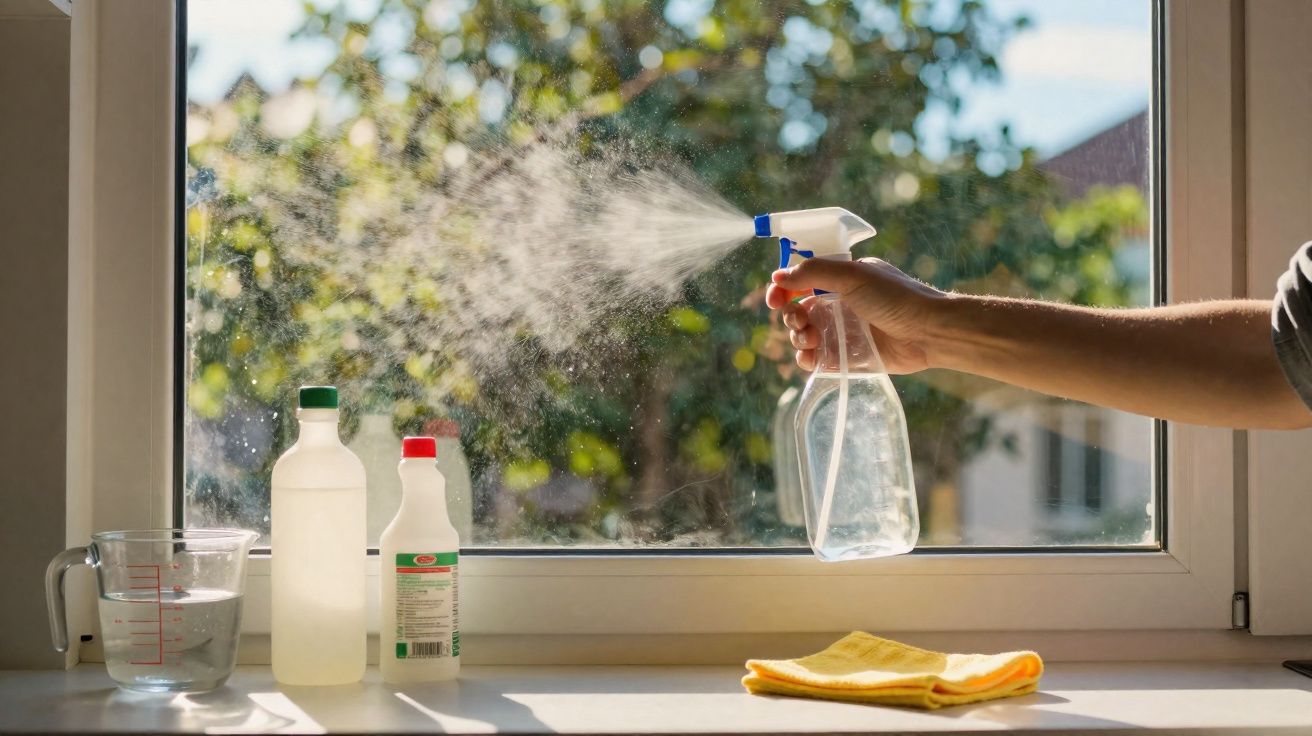 Pessoa a pulverizar spray numa janela com frascos e pano amarelo na beira da janela.
