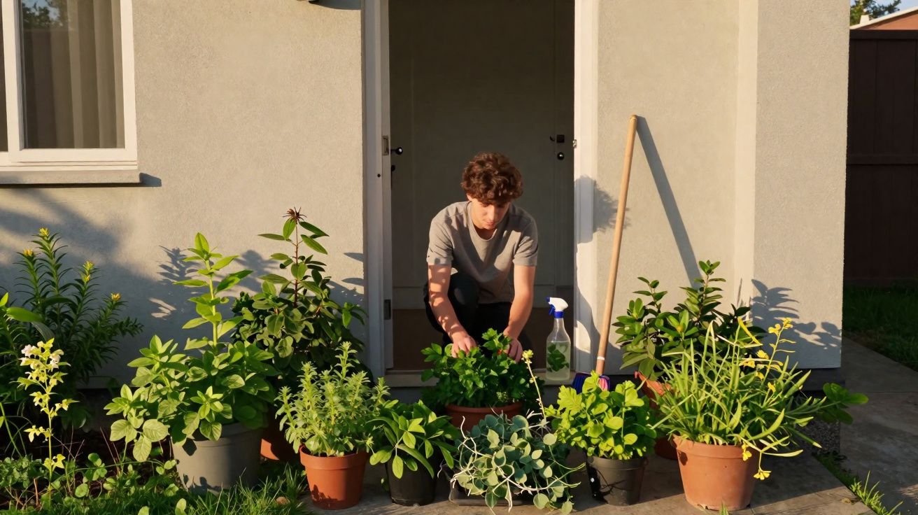 Jovem a cuidar de várias plantas em vasos à entrada de uma casa sob luz solar direta.