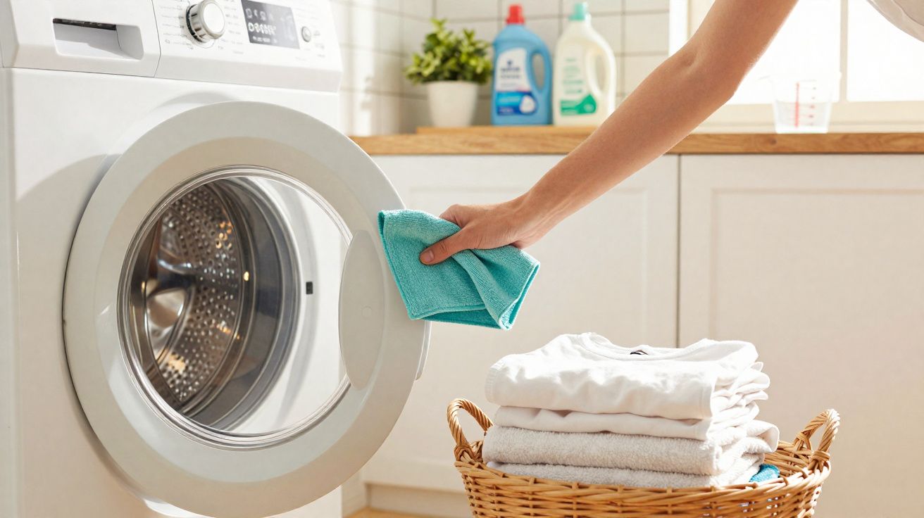 Mão a limpar porta de máquina de lavar roupa com pano azul, cesto com roupa branca dobrada ao lado.