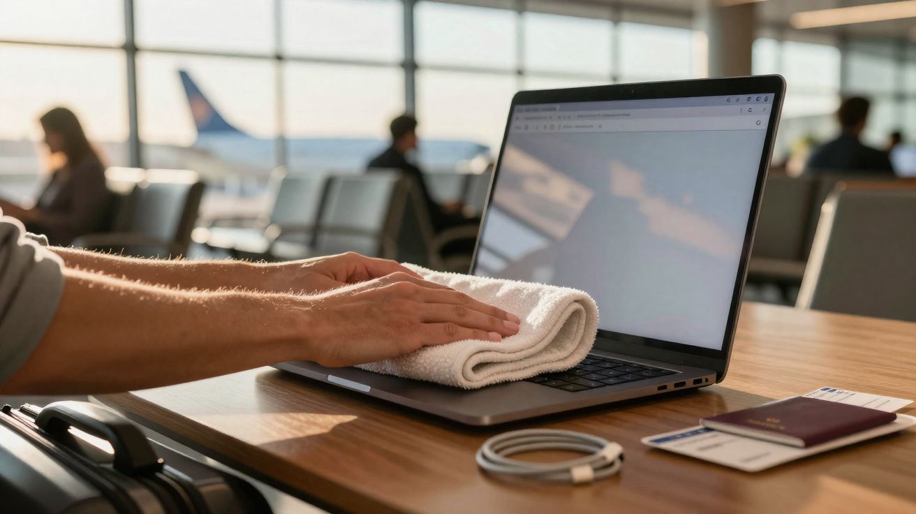 Mãos a limpar teclado de portátil com pano branco numa mesa de aeroporto com bagagem e documentos.