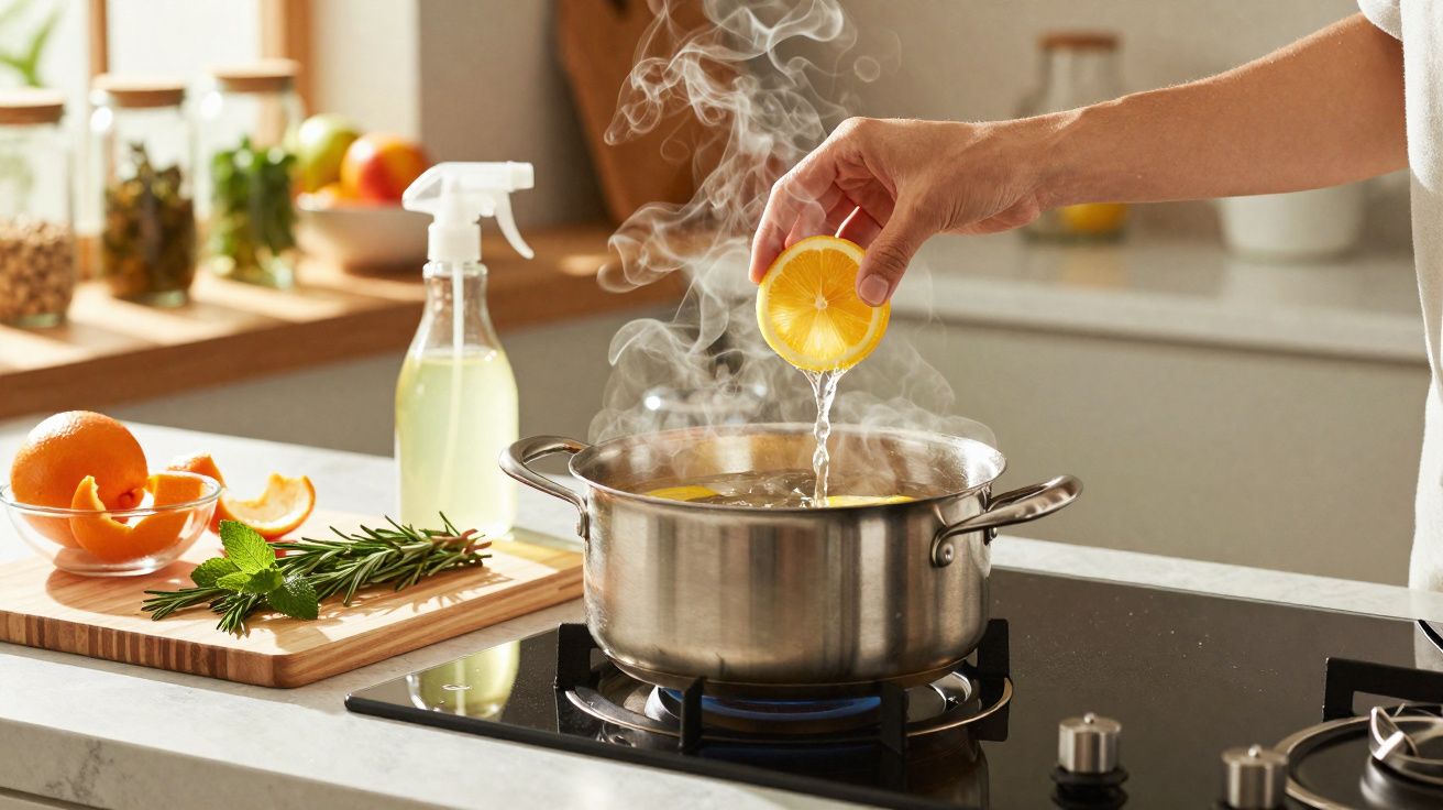 Pessoa a espremer limão numa panela a ferver no fogão de uma cozinha moderna.