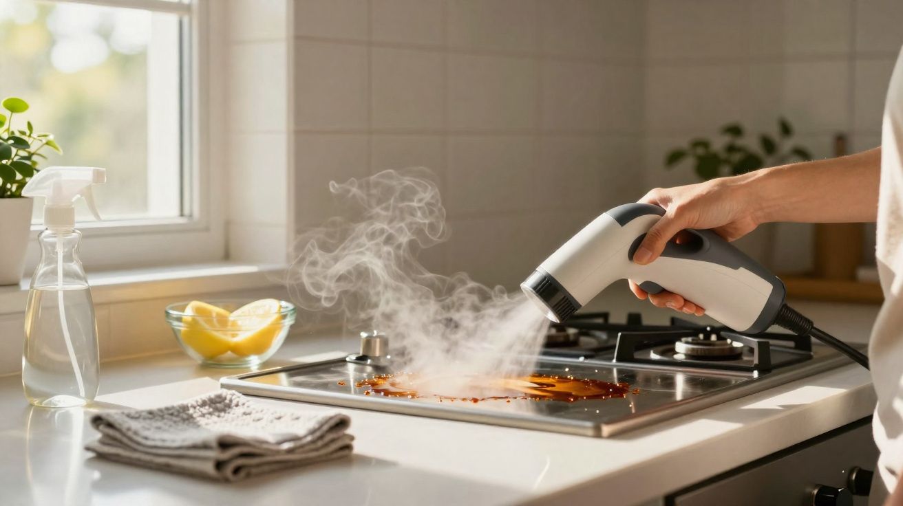 Pessoa a limpar fogão com vaporizador branco numa cozinha iluminada por luz natural.