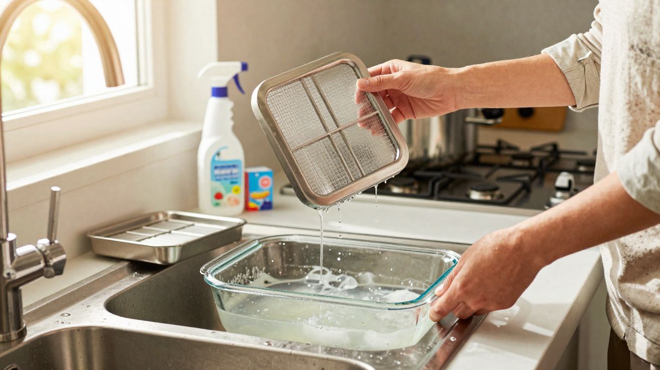 Pessoa a lavar filtro metálico de exaustor numa bacia com água e gelo numa cozinha iluminada.