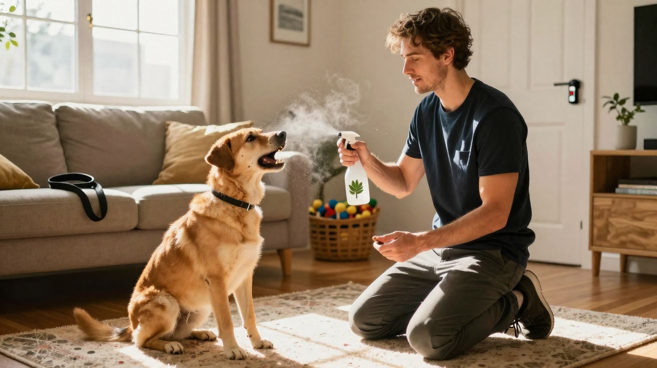 Homem de joelhos a borrifar produto natural num cão sentado numa sala iluminada.