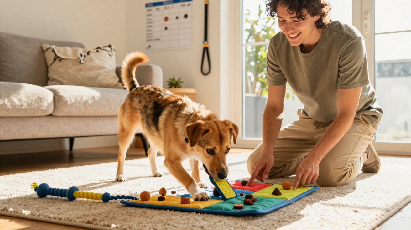 Homem brinca no chão com cão a interagir com tapete de brinquedos num ambiente luminoso em casa.