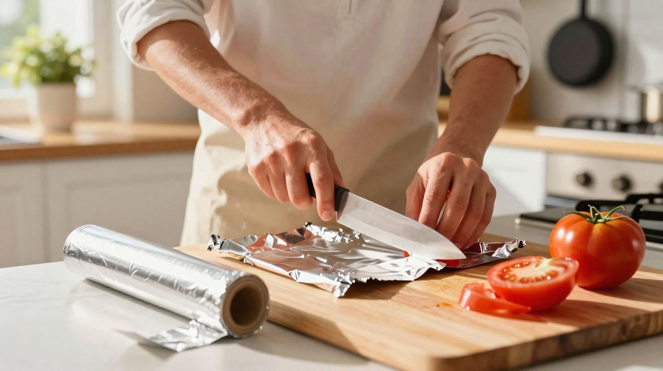 Pessoa a cortar papel de alumínio numa tábua de cozinha, com tomates frescos ao lado.