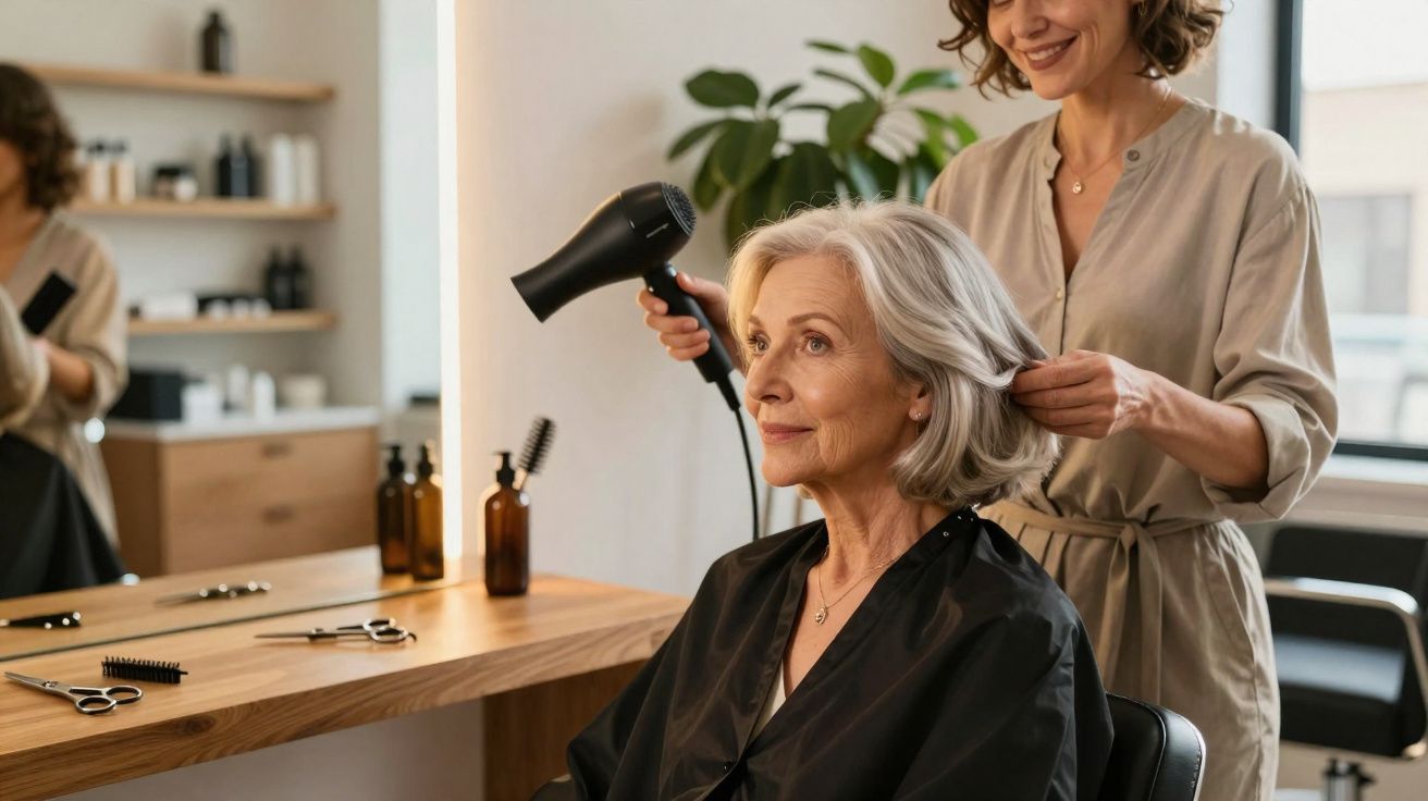 Mulher idosa sentada num cabeleireiro a secar o cabelo enquanto a cabeleireira sorri.