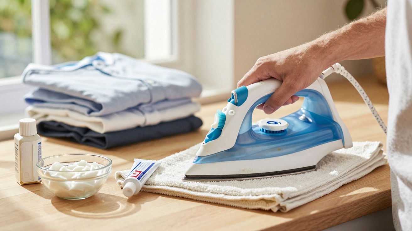 Pessoa a passar a ferro uma toalha branca numa mesa de madeira junto a roupas dobradas e produtos de limpeza.
