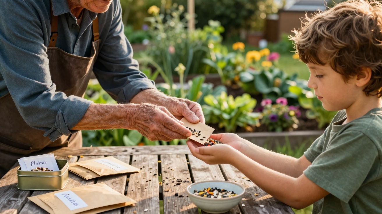 Criança e idoso a trocar sementes para plantar numa mesa de madeira num jardim ensolarado.
