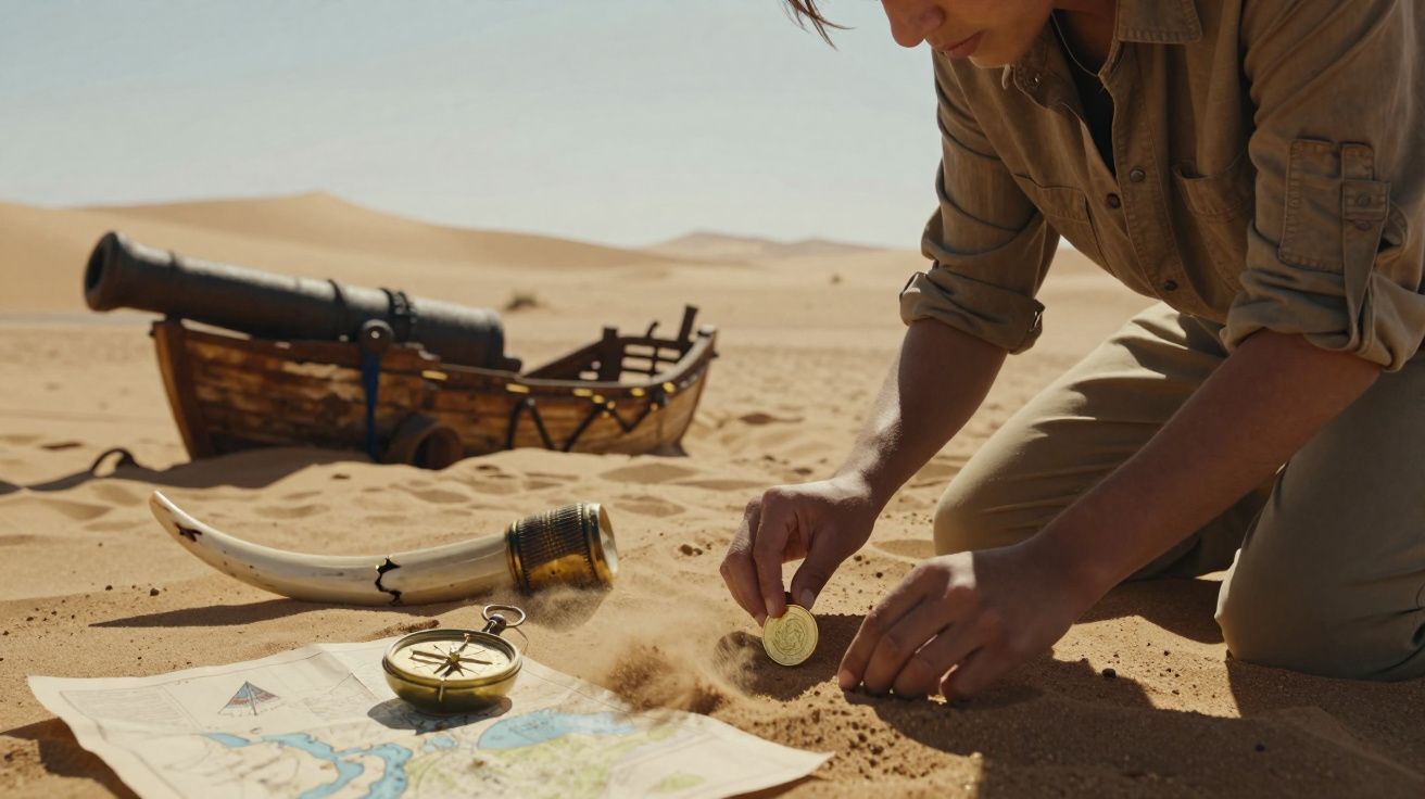 Pessoa encontra moeda dourada enterrada na areia do deserto, com mapa, bússola e canhão ao fundo.