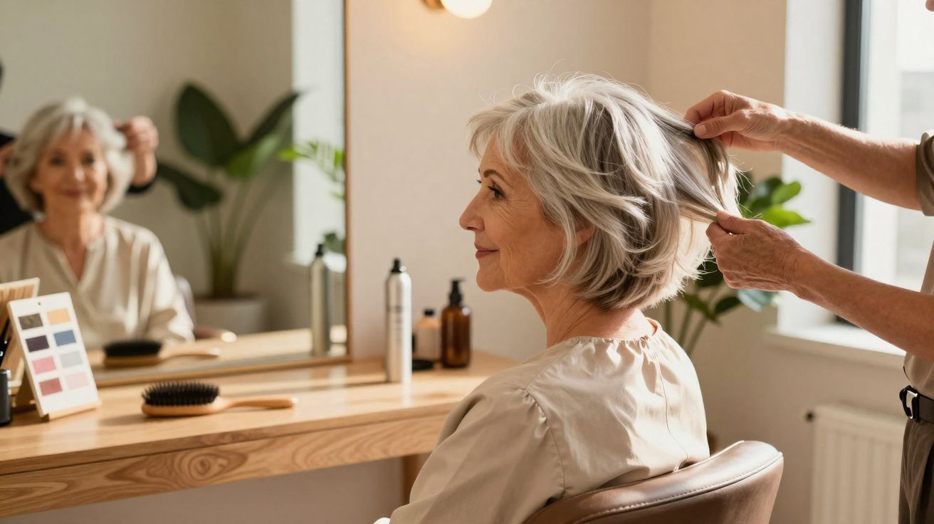Mulher idosa sorridente sentada num salão de cabeleireiro a ser penteada, refletida no espelho.