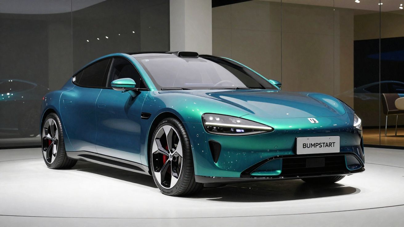 Carro elétrico desportivo azul esverdeado exposto em salão com luz suave e design aerodinâmico.