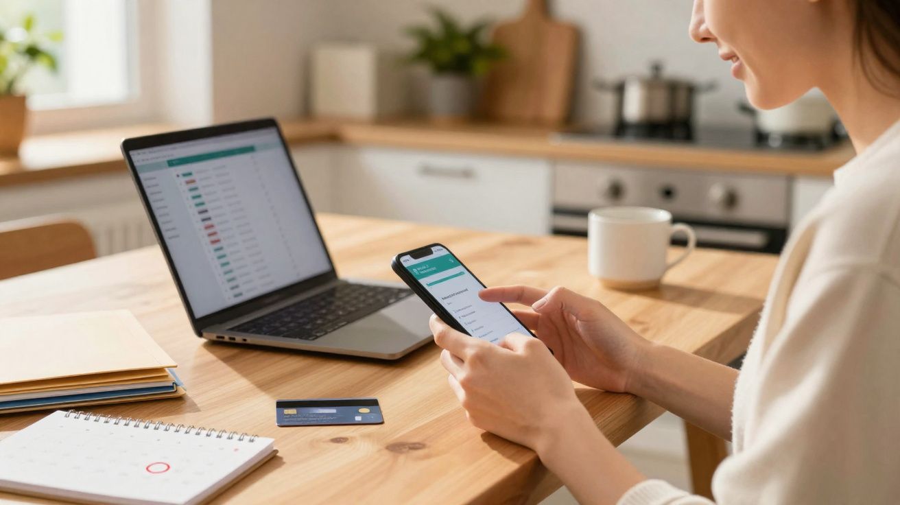 Pessoa a usar smartphone e portátil na cozinha, com caderno, cartão bancário e chávena numa mesa de madeira.