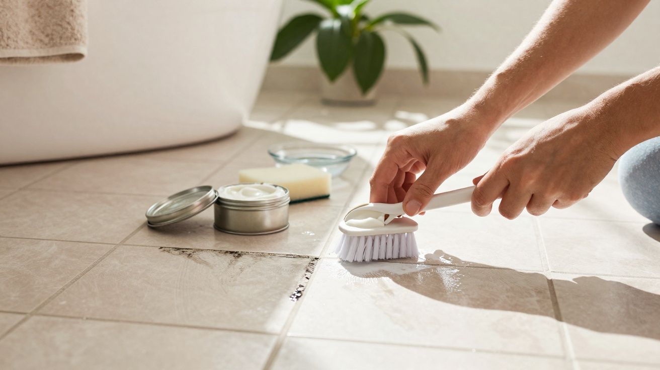 Mãos a esfregar chão de azulejos manchados com escova e creme de limpeza num ambiente iluminado.