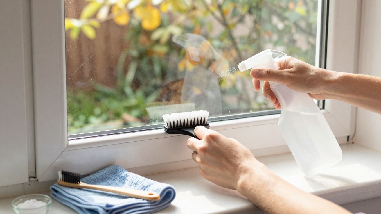Mãos a limpar uma janela com escova branca e borrifador, com pano azul e escova de dentes na beira.