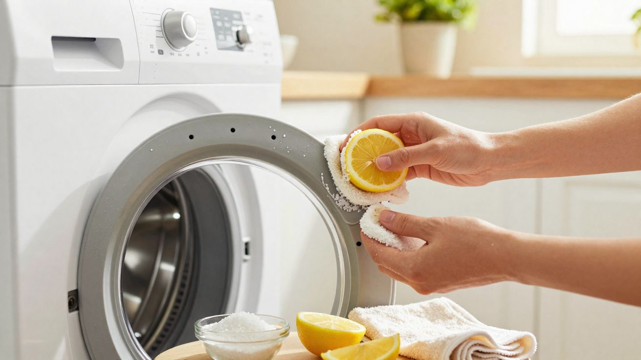 Mãos a limpar a porta da máquina de lavar roupa com limão e sal, mostrando uma solução natural de limpeza.