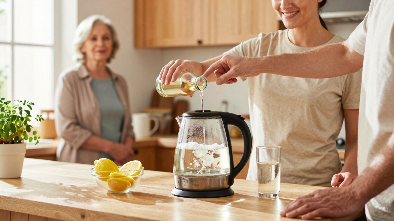 Pessoa a verter líquido numa chaleira elétrica transparente enquanto outra observa na cozinha iluminada.