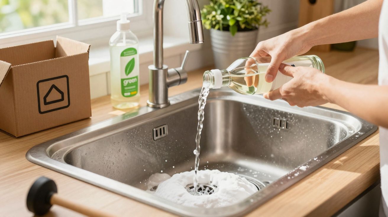Mãos a verter líquido num lava-loiças de aço inoxidável numa cozinha com bancada de madeira.