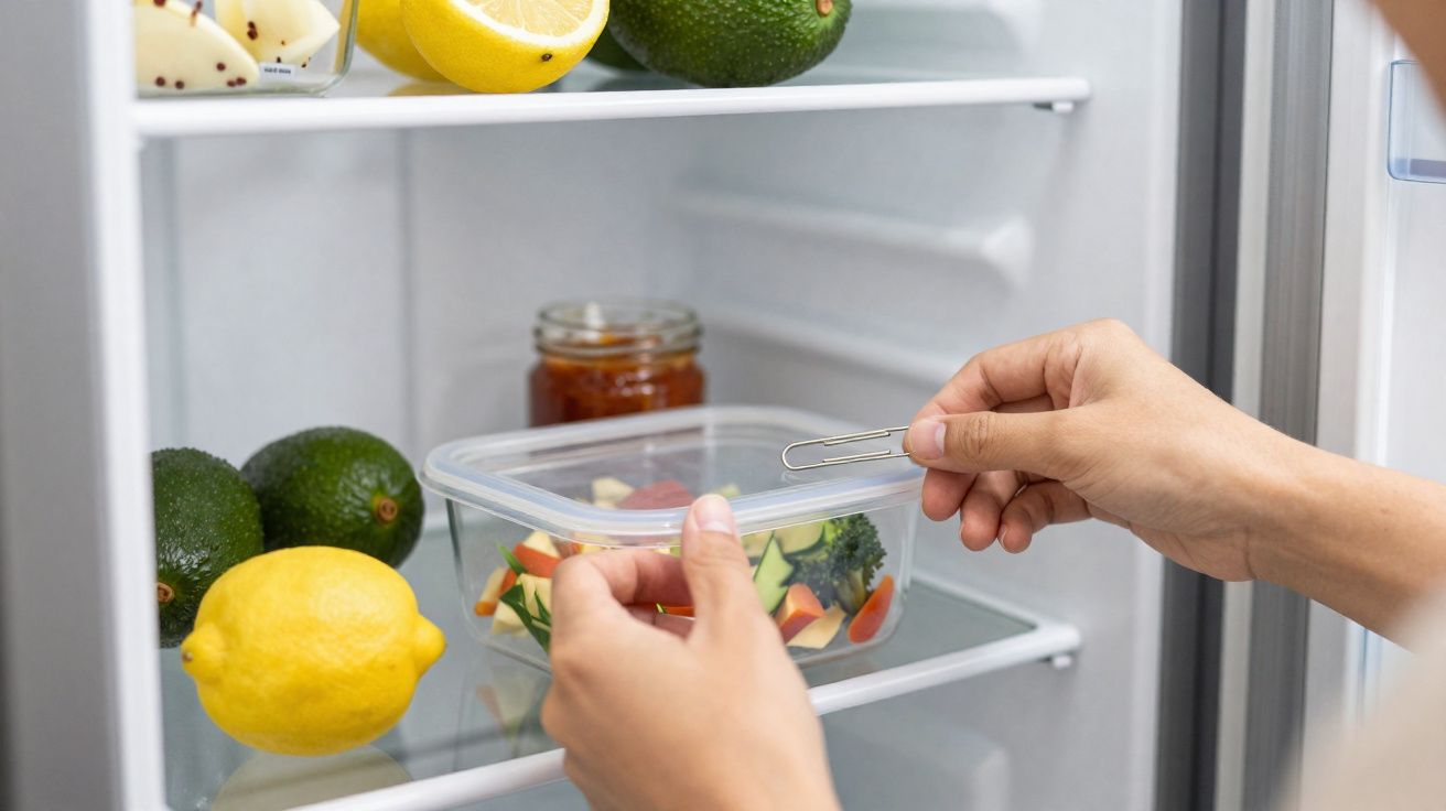 Mãos a fechar um recipiente plástico com legumes picados dentro de um frigorífico com frutas e compota.