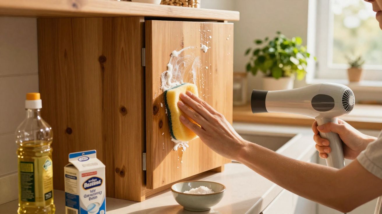 Pessoa a limpar armário de madeira com esponja e secador na cozinha, com produtos de limpeza no balcão.