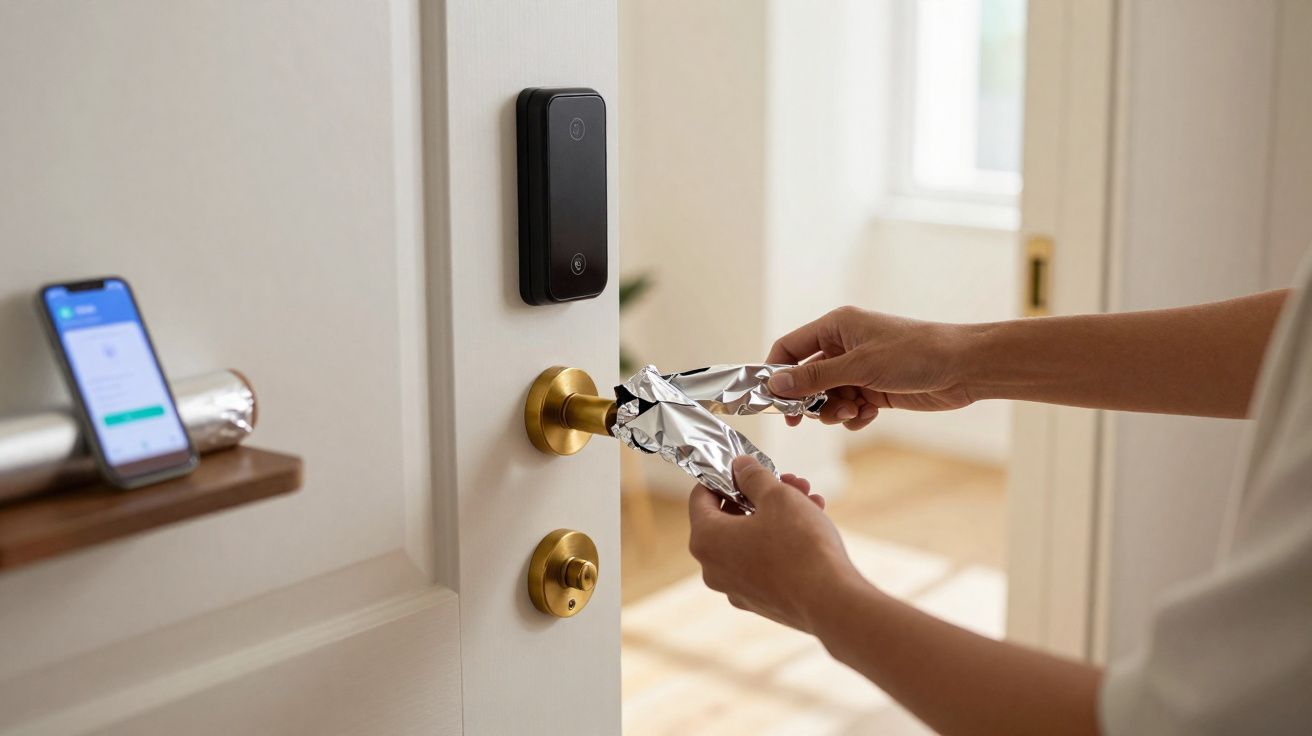 Mãos a abrir uma porta com maçaneta forrada em papel de alumínio, smartphone com app aberto ao lado.