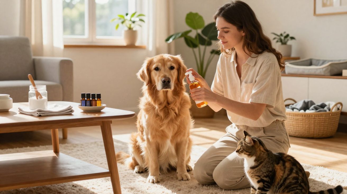 Mulher a aplicar produto num cão Golden Retriever com um gato calmo ao lado numa sala iluminada.