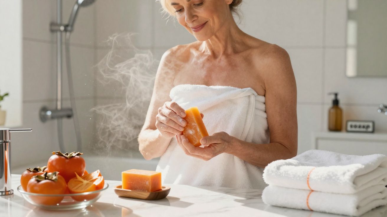 Mulher com toalha branca segura sabonete laranja numa casa de banho minimalista luz natural.