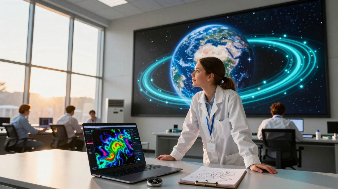 Mulher cientista em laboratório com computador e imagem digital da Terra em fundo.