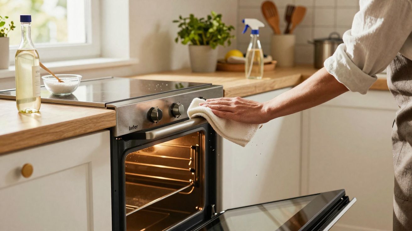 Pessoa a limpar forno elétrico aberto numa cozinha moderna com bancada de madeira e plantas.