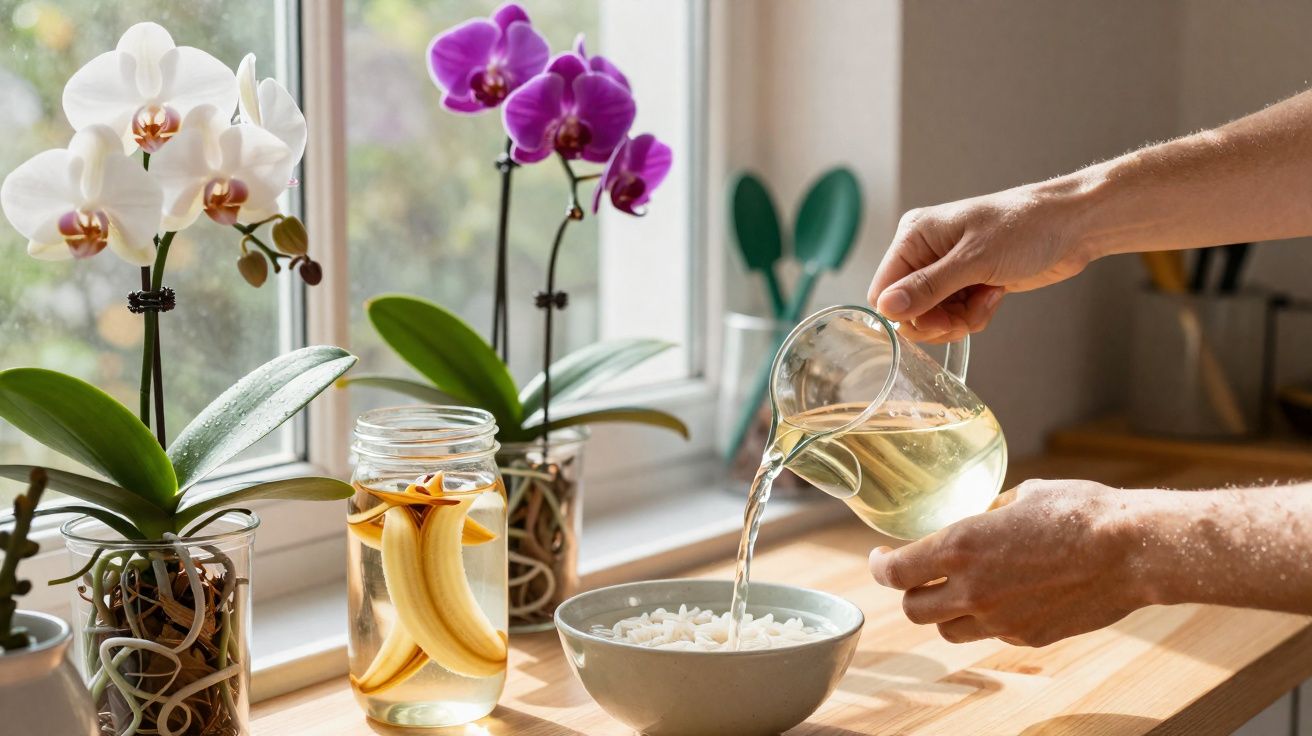 Mãos a despejar água numa tigela com arroz, com orquídeas brancas e roxas na janela.