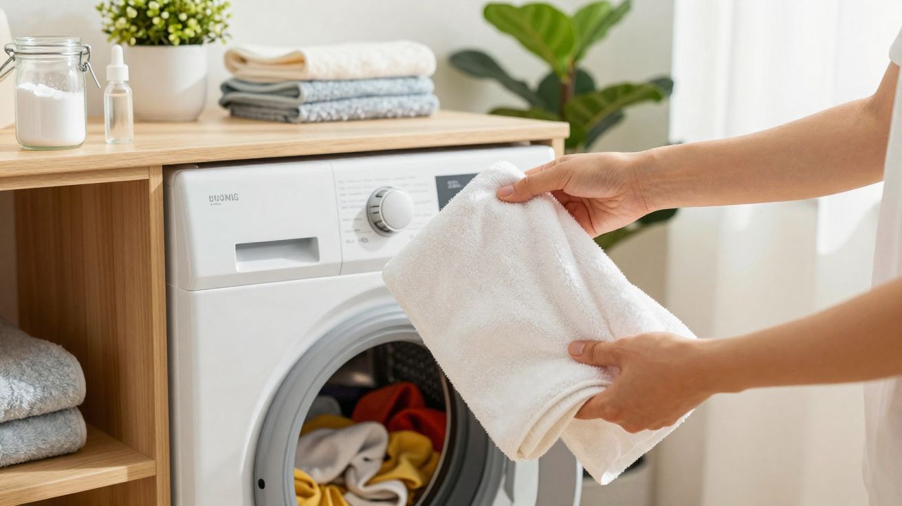 Mãos a colocar uma toalha branca na máquina de lavar roupa numa divisão com móveis de madeira e plantas.