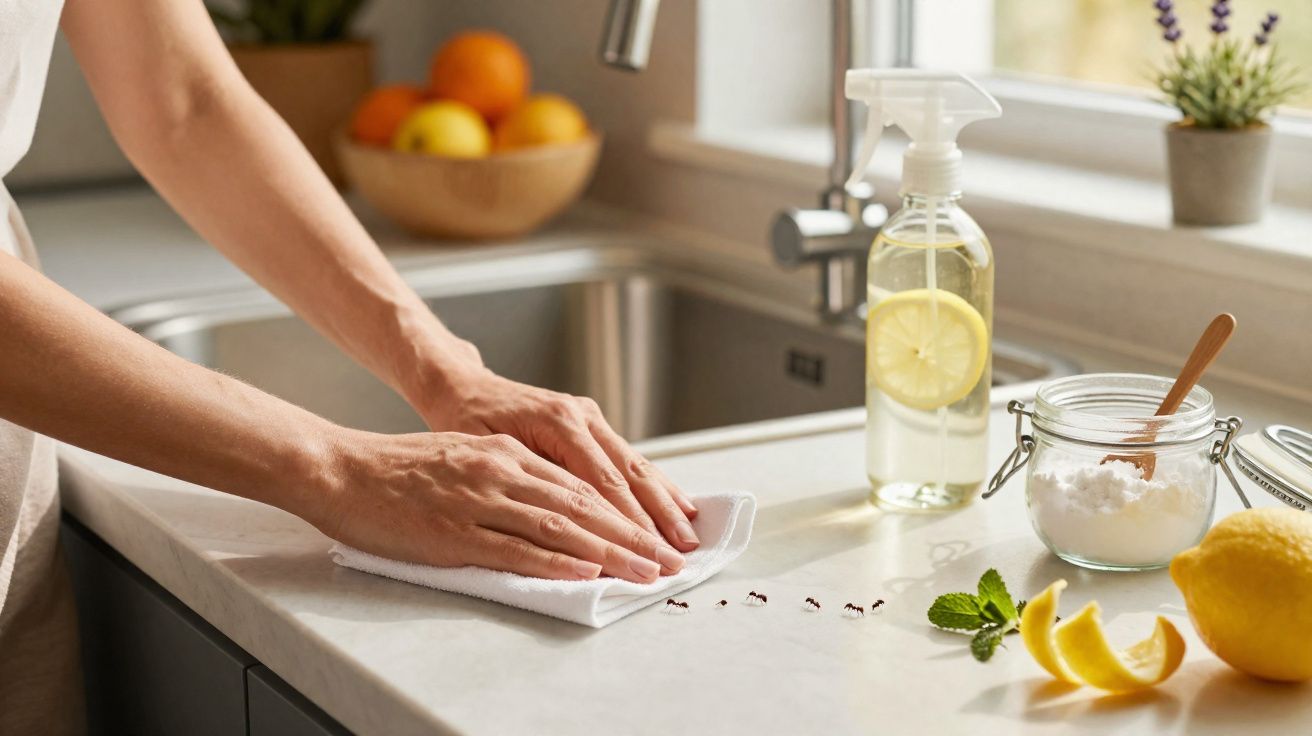Mãos a limpar uma bancada de cozinha com pano branco, perto de spray, limão e formigas.