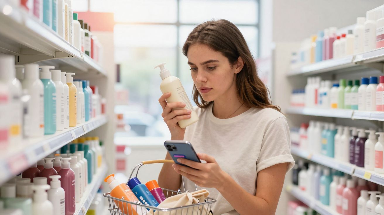 Mulher numa farmácia a comparar produtos de higiene corporal no telemóvel com uma garrafa na mão.