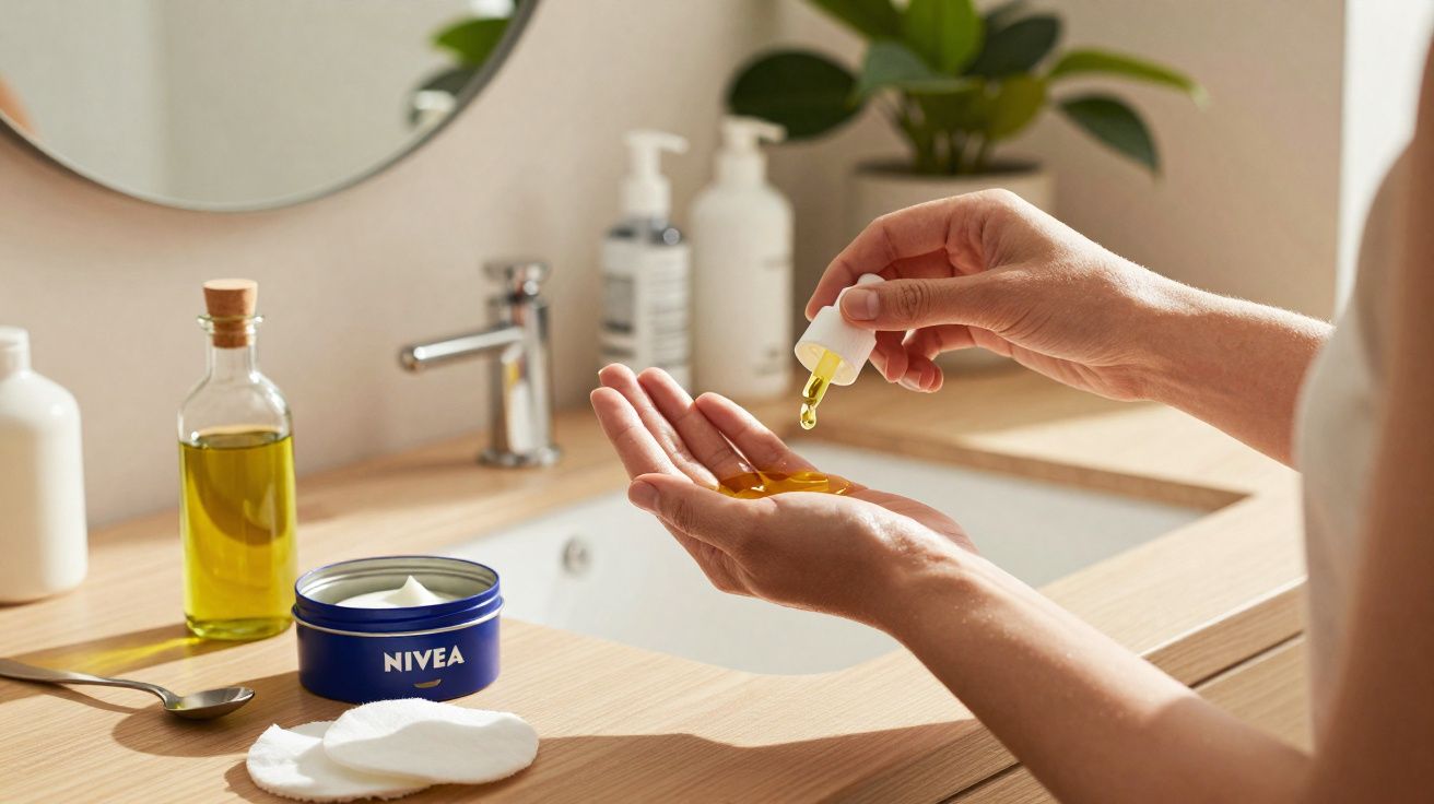 Pessoa a aplicar óleo facial com conta-gotas junto a creme Nivea e toalhetes de algodão numa casa de banho.