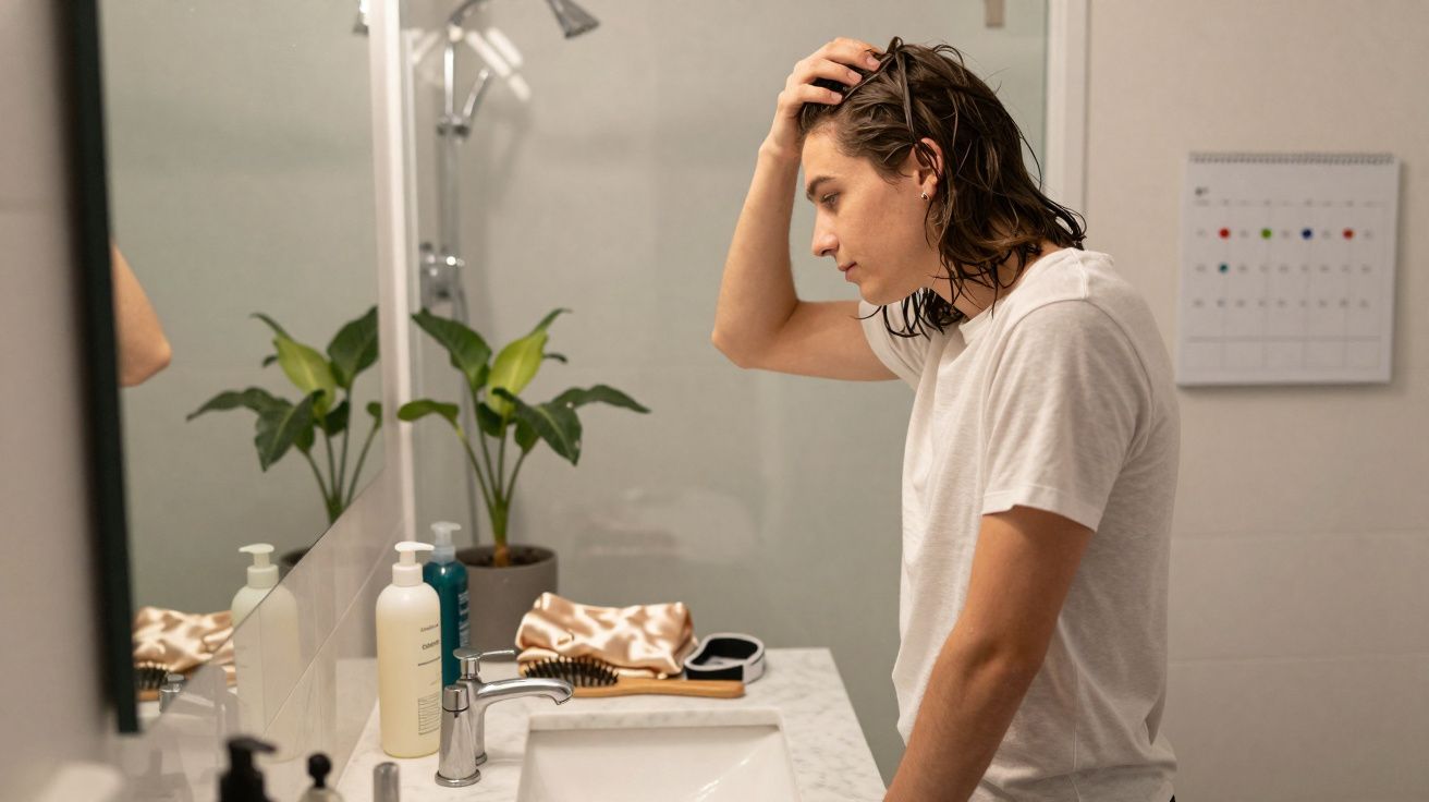 Jovem com cabelo molhado ajeita o cabelo em frente a um espelho na casa de banho.