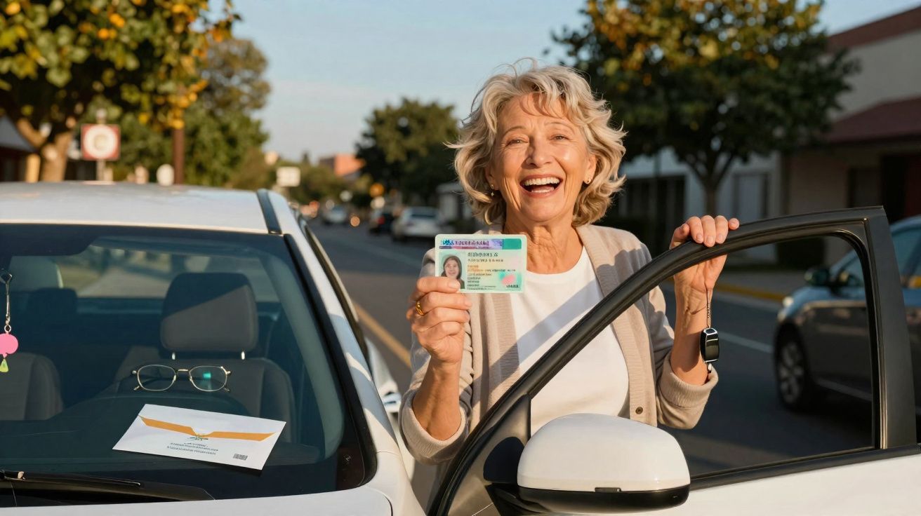 Mulher sorridente segura carta de condução junto a carro branco numa rua ensolarada.