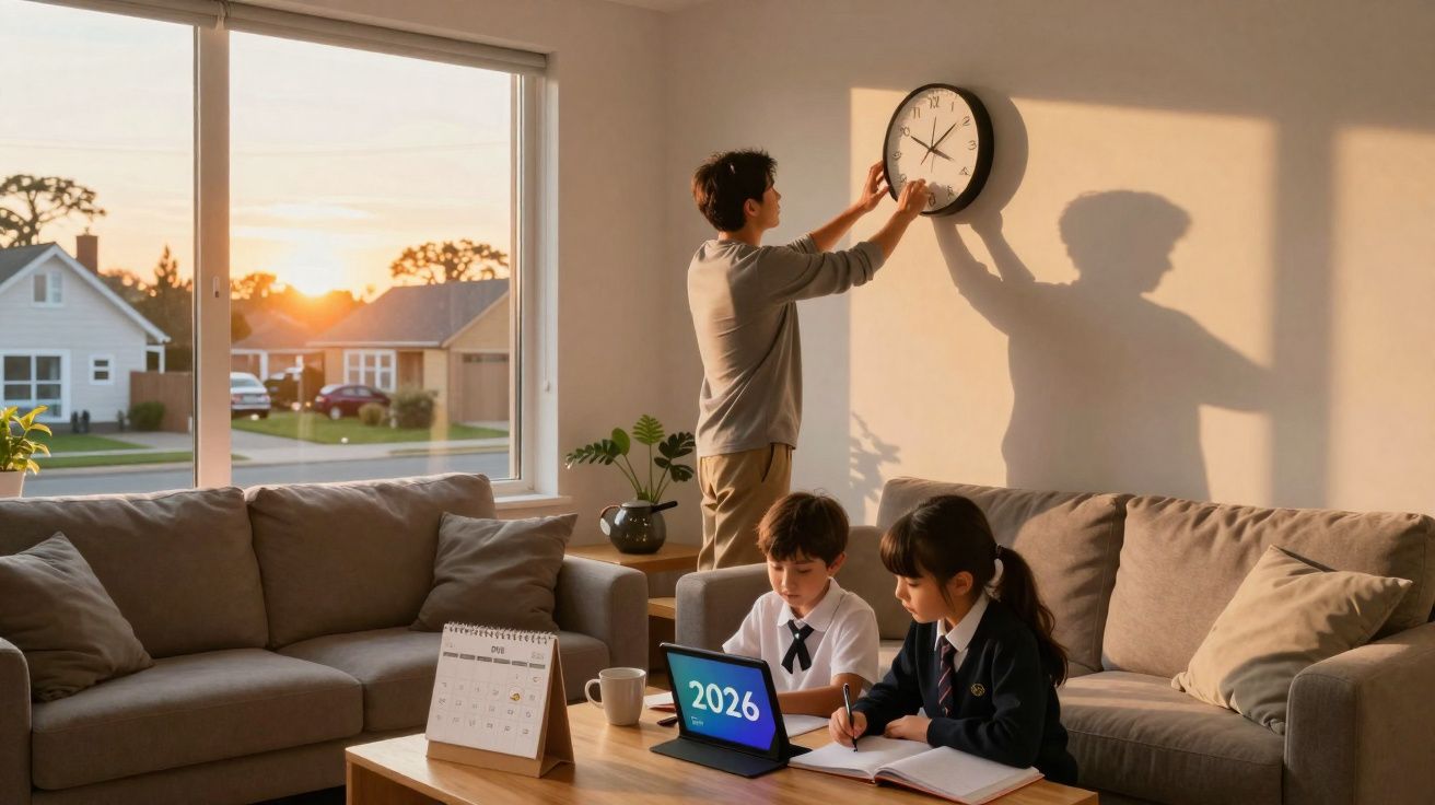 Homem ajusta relógio enquanto duas crianças estudam numa sala de estar ao pôr do sol.