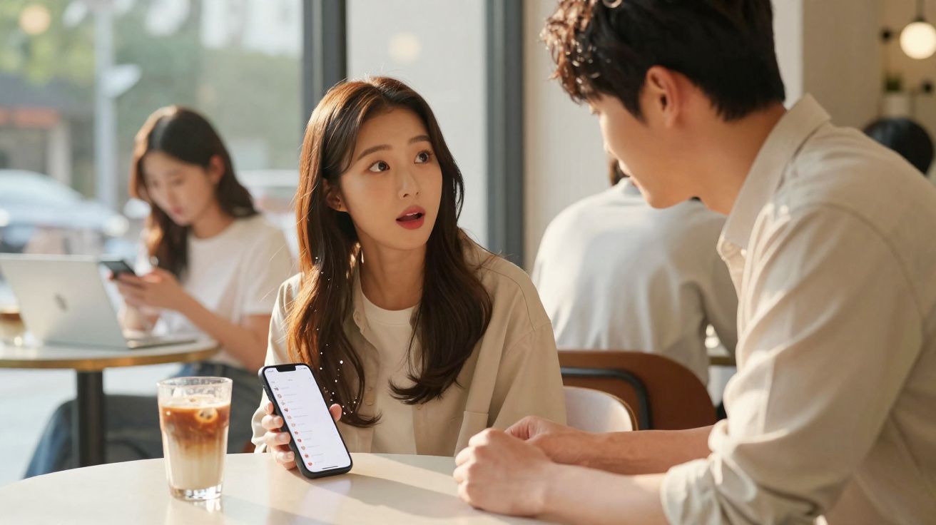 Mulher mostra e explica algo no ecrã do telemóvel a homem num café enquanto outra pessoa usa laptop ao fundo.