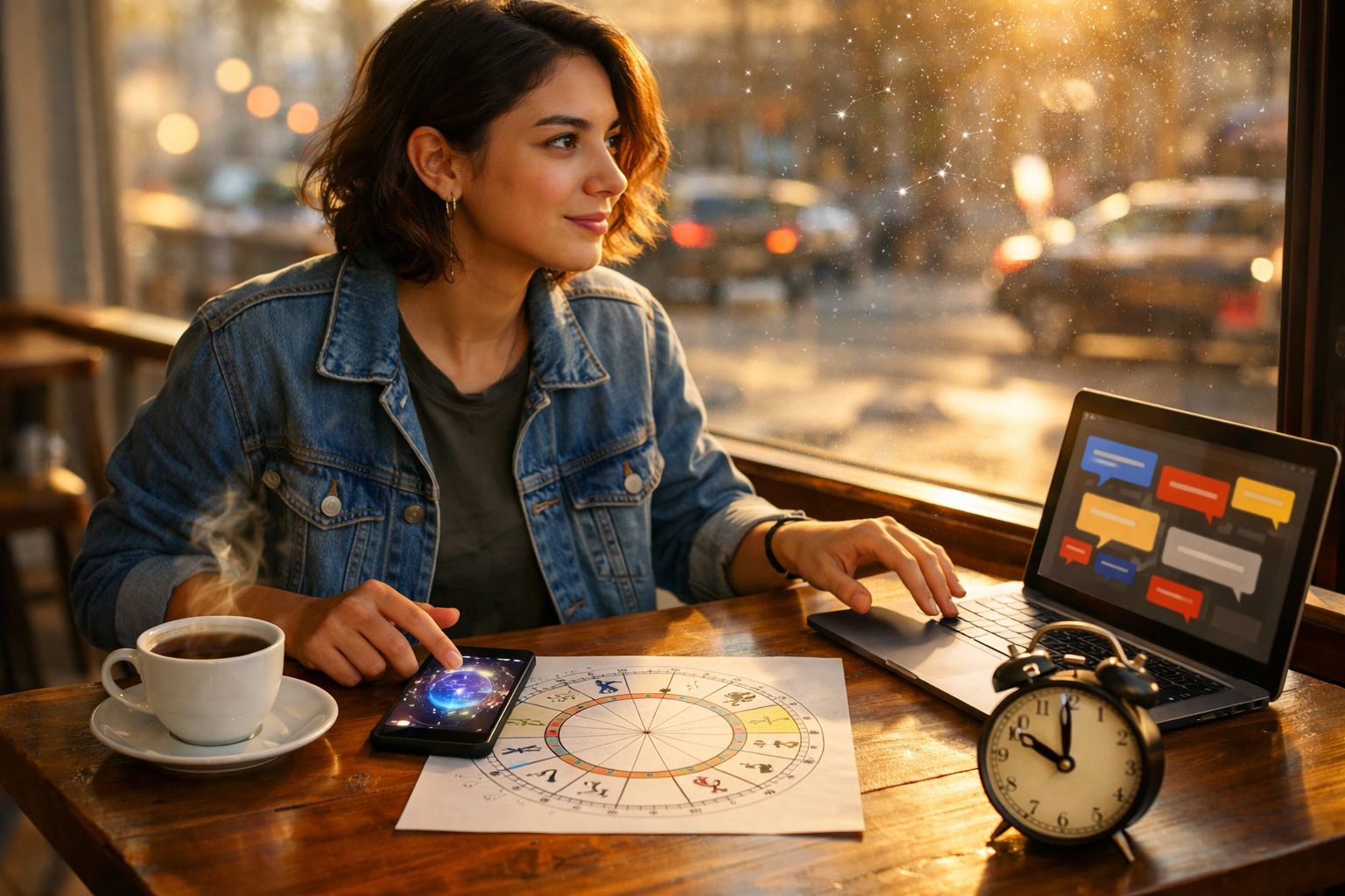 Mulher sentada junto a uma janela com café, mapa astral, telemóvel e portátil com mensagens na tela.