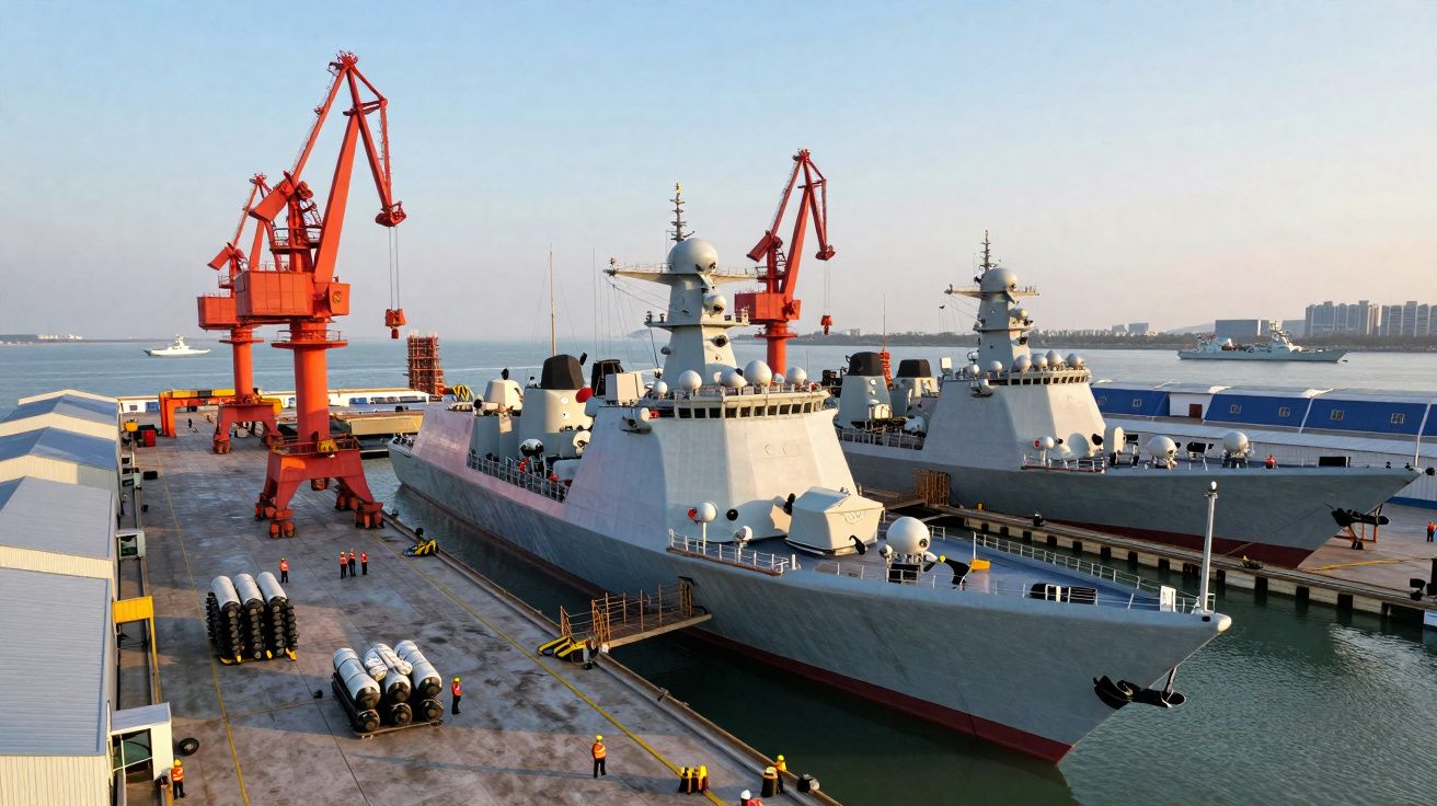 Dois navios de guerra ancorados num cais com gruas vermelhas e trabalhadores de colete laranja.