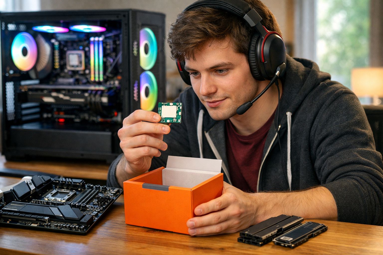 Homem com auscultadores manuseia processador perto de computador aberto com luzes RGB numa mesa de trabalho.