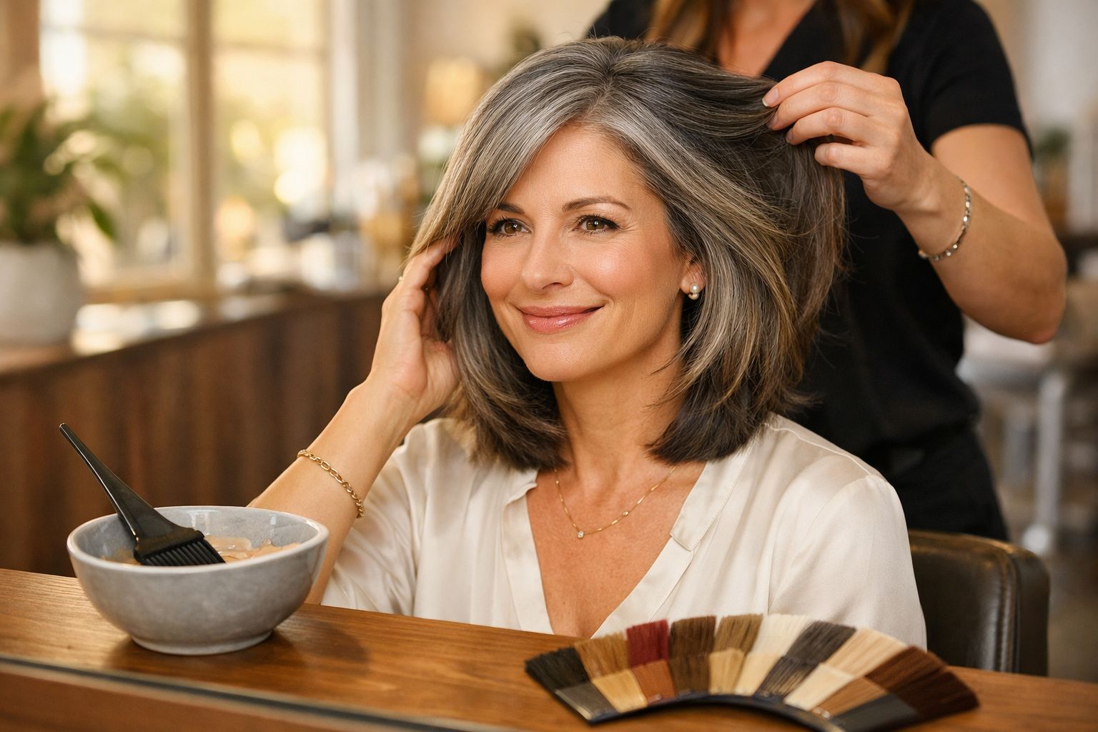 Mulher sorridente com cabelo grisalho sendo penteada num salão de beleza, com tintura e amostras de cor à frente.