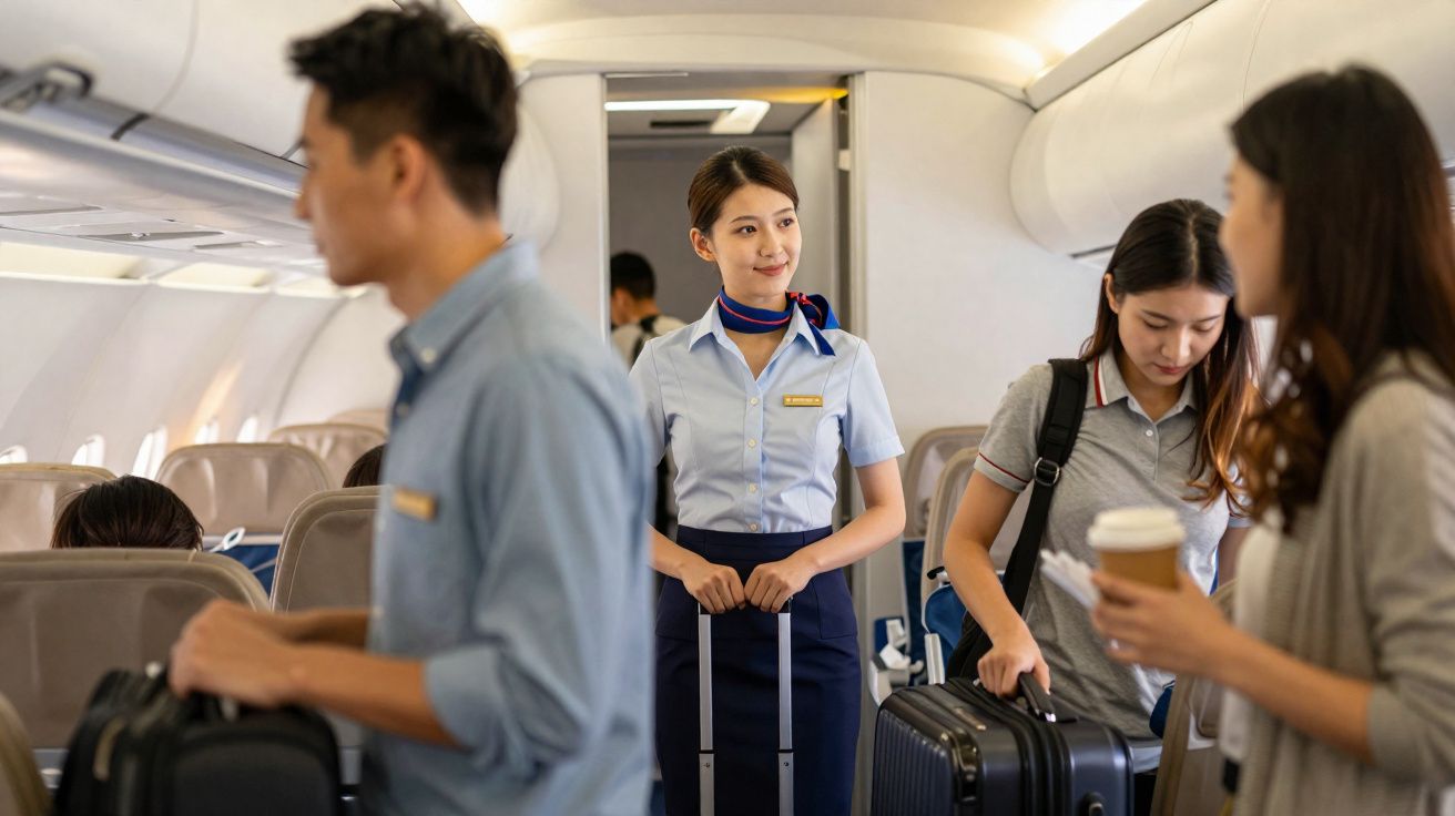 Comissária de bordo sorridente observa passageiros a arrumar bagagens na cabine do avião.