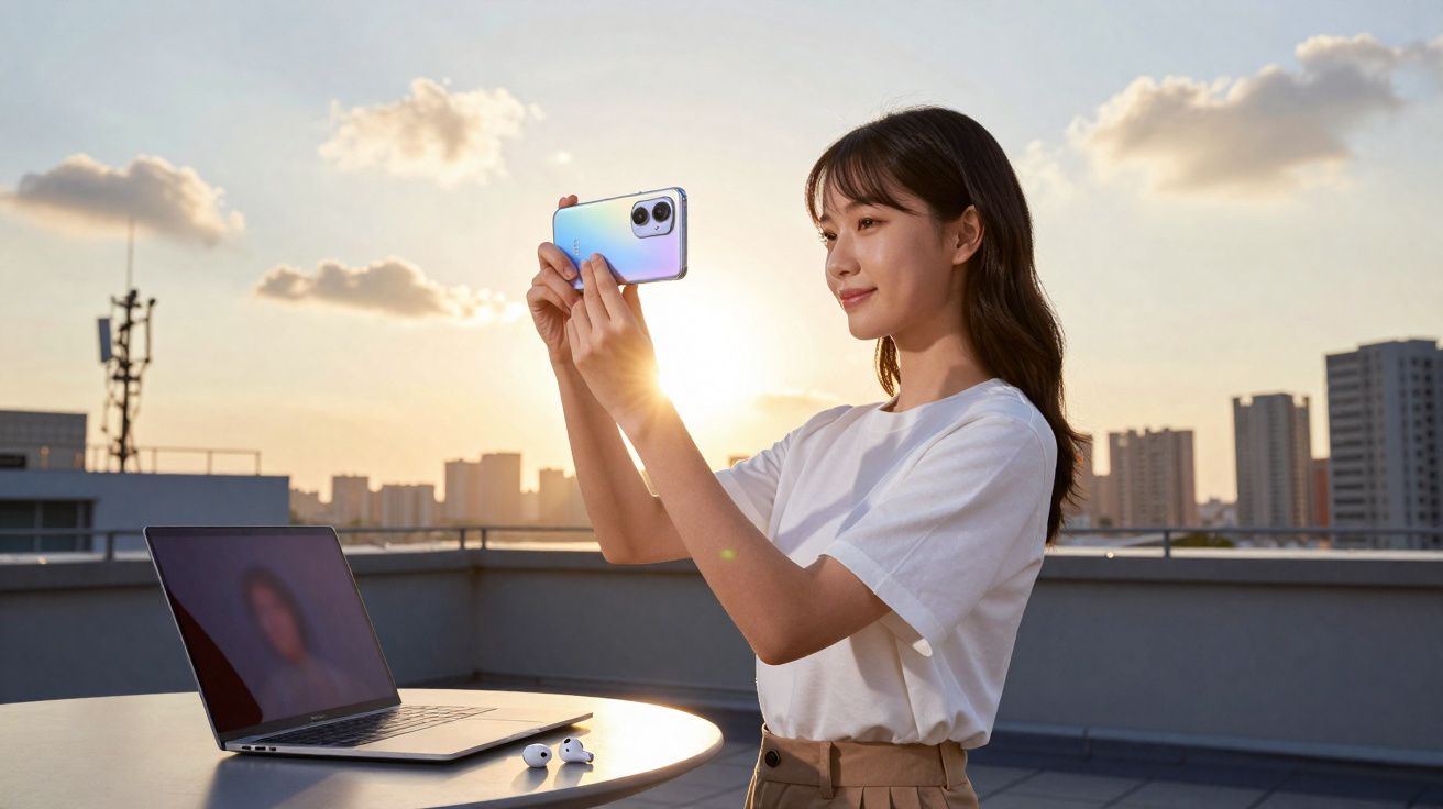 Jovem a tirar foto com smartphone numa varanda ao pôr do sol, com portátil e auscultadores na mesa.