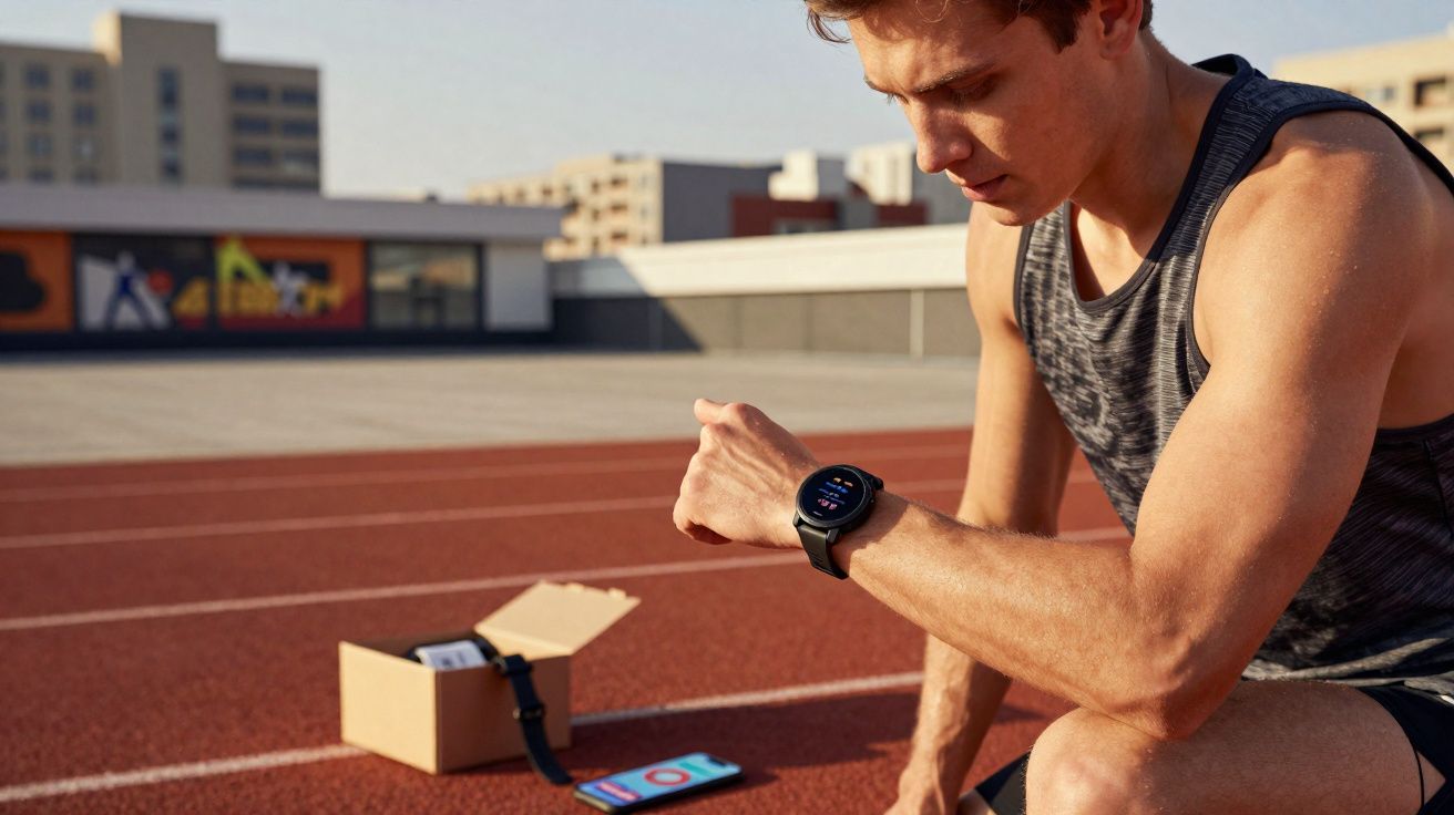 Homem em pista de atletismo a olhar para relógio inteligente no pulso, com telemóvel e caixa no chão.